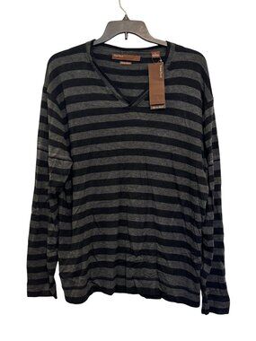 Perry Ellis XL Black & Gray Striped Merino Blend Sweater With Tags